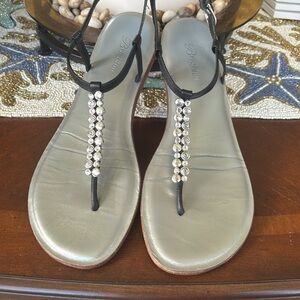 Brighton Sandals Silver Tone Metal Accents Black Leather Upper Ankle Strap Flats